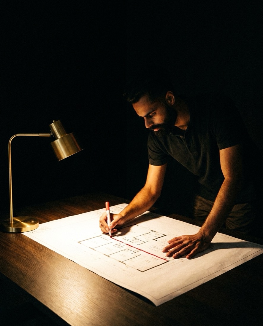 Manraj Nijjar marking up a floor plan under a brass lamp