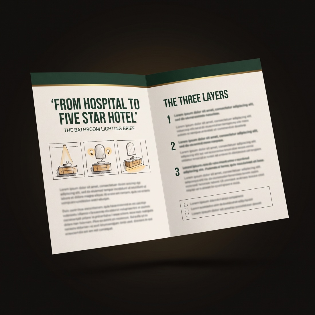 The two page cheat sheet, open, showing the three layers and a vanity lighting diagram